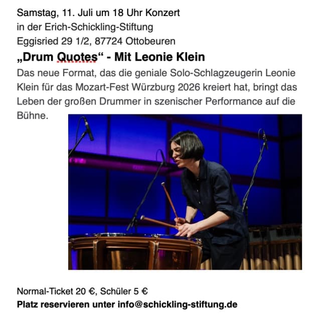 Samstag, 11. Juli um 18 Uhr. www.schickling-stiftung.de

Drum Quotes

Die Beats der Legenden – neu komponiert, neu inszeniert.

Percussion und Performance von und mit Leonie Klein

#erichschickling #schicklingstiftung #erichschicklingstiftung #ottobeuren #günztal #kunststiftung #architektur #philosophie #mythologie #natur #allgaeutourist #religion #kunst #malerei #mystik #theologie #dichtung #veranstaltungen #konzerte #percussion 

@leonieklein_official 

Foto: © CAS Software AG_22