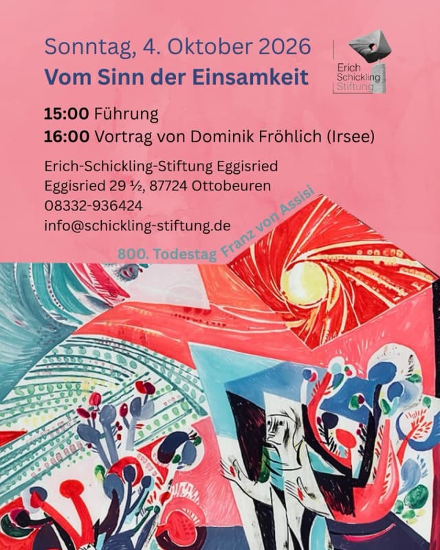 Die (kurze) Sonntagsführung um 15 Uhr widmet sich diesmal vorwiegend dem „Sonnengesang des Franziskus“, einem Bild in Mosaiktechnik von Erich Schickling.
Direkt im Anschluss findet in der Stiftung um 16 Uhr ein Vortrag von Dominik Fröhlich zum Thema „Vom Sinn der Einsamkeit“ statt.
#erichschickling #erichschicklingstiftung #ottobeuren #franziskus #religion